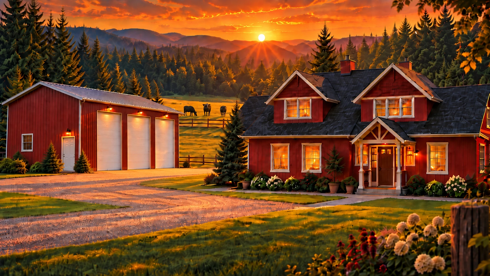 Stylized Sherma Farms farmhouse, barn and cattle