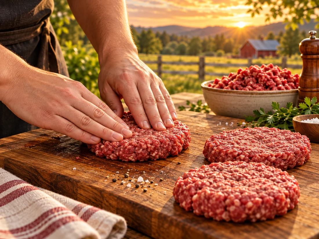 Ground beef burgers being formed