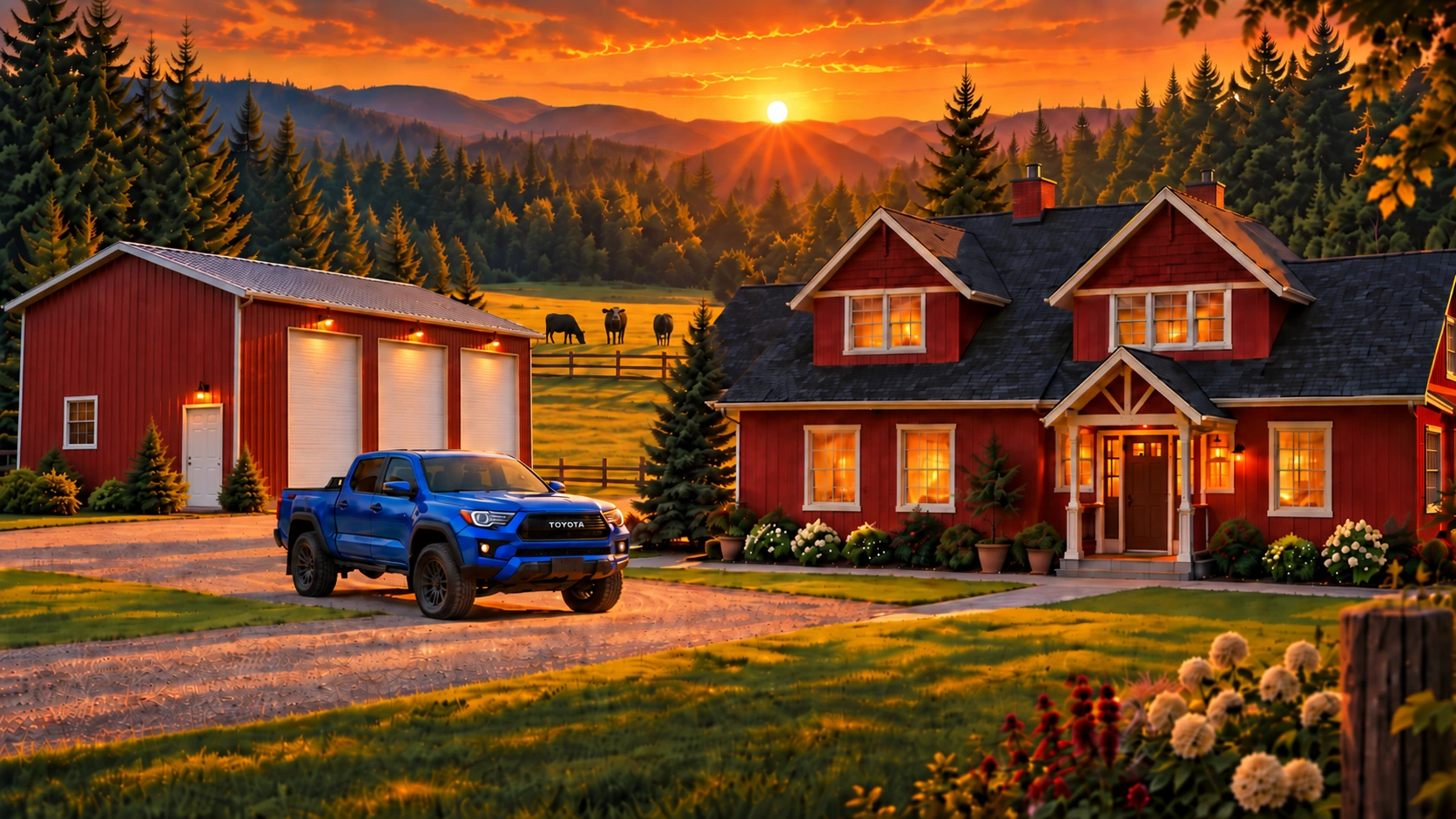 Stylized Sherma Farms scene with blue Toyota truck